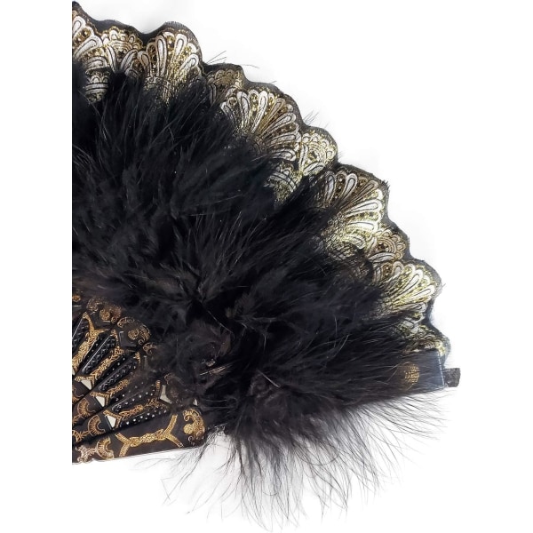 Brodeerattu kukka Marabou-höyhenviuhka, 1920-luvun vintage tyylinen läppäviuhka pukujuhliin, tanssi-musta