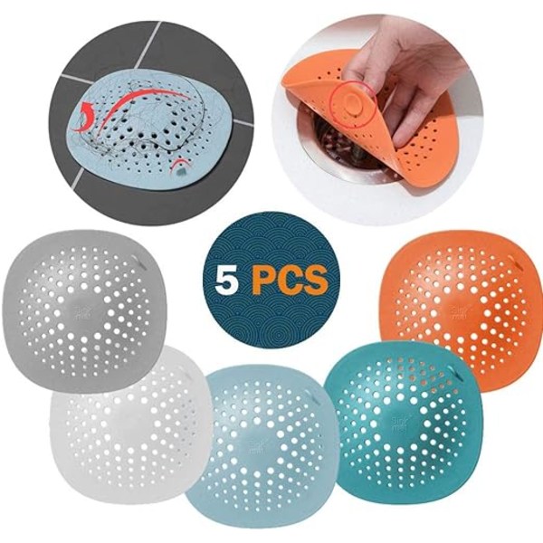 Silikoneafløbsbeskytter, 5 STK silikonevaskfilter, brusehårfilter, brusepropfilter til bruseafløb, hår- og snavsfælde, håndvaskprop med sug