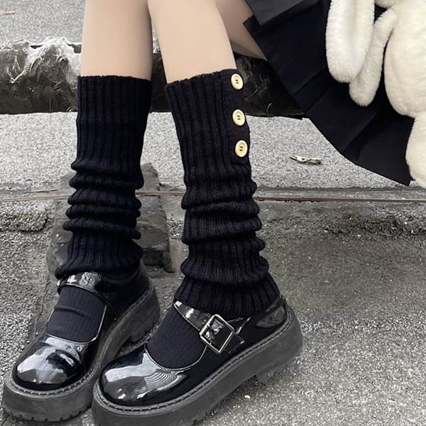 Dame Strikkede Strømper Retro Elegant Bløde Varme Løse Slouch Strømper med Knap til Dating Fest Sort