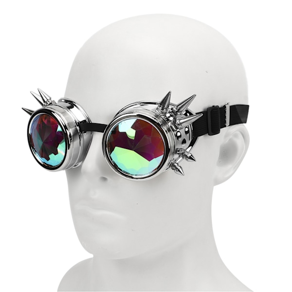 Retro Steampunk Briller med Elastisk Bånd - Kaleidoskop Rave Briller i Blank Sølv til Fester