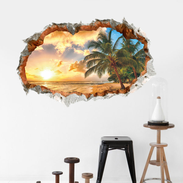 3D-väggklistermärken HOLIDAY ISLAND (60x90 cm) I självhäftande väggdekal landskap strand hav hav palmträd I Dekoration för vardagsrummet kök