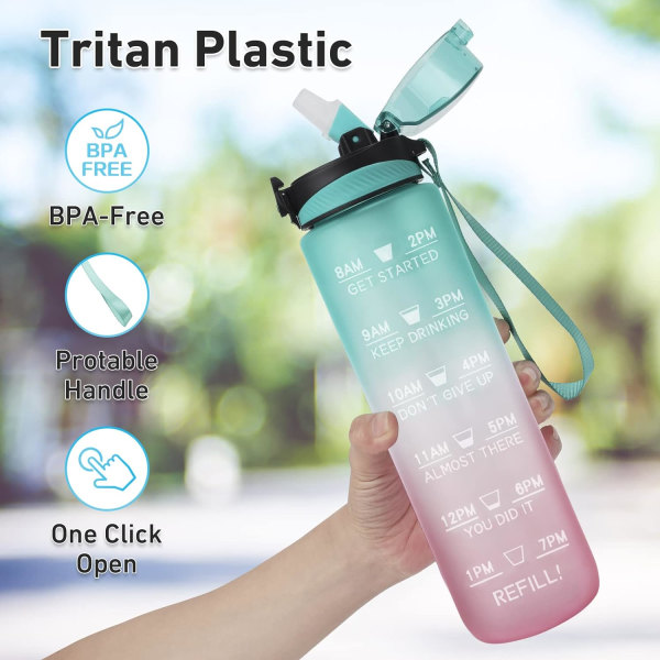 Vandflaske 1L BPA-fri Tritan-sportsdrikflaske Motiverende vandflaske med sugerør Lækagetæt Ikke-giftig til fitness, udendørs, cykling, skole og kontoret