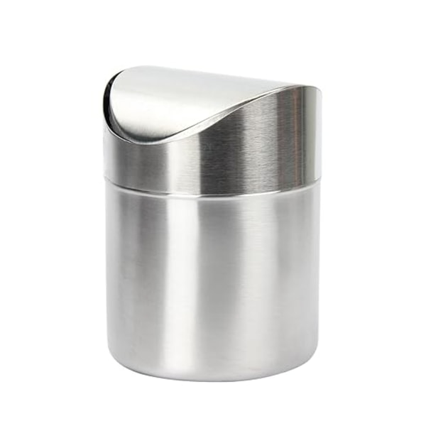 Sølv, rustfritt stål mini søppelbøtte med praktisk svinglokk for kontorbord bil soverom