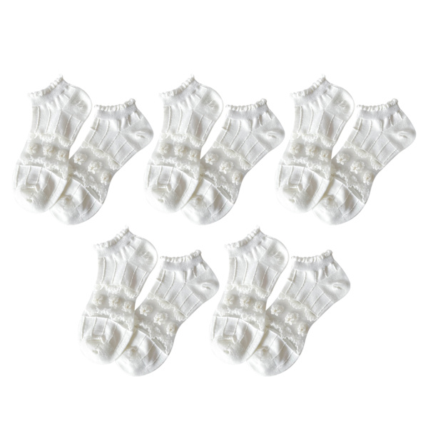 5 Par Damstrumpor Kort Toppkant Spets Sömnad Elastisk Nylon Bekväma Andningsbara Ankelstrumpor Vit 0124 Fri Storlek