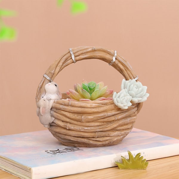 Simuleringskreativ bambu korg harts succulent blomkruka trädgård mikrolandskap skrivbords grön växt liten blomkruka-Kanin
