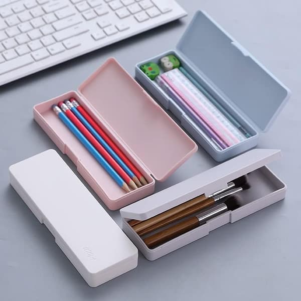[02]Pencil Case Plastic Pencil Box - 4 Pack Hard Pencil Case Crayon Box with Snap Lid Plastic Pencil Box Stackable Desi