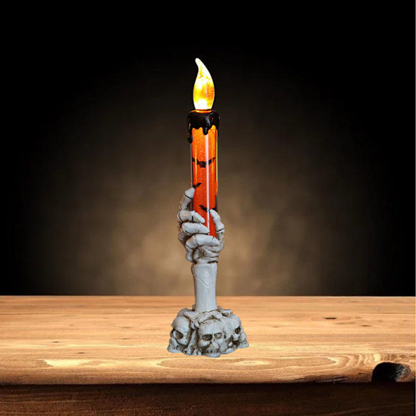 Halloween-skalle ljusstake med skelett hand & flamlöst spöke ljus - Orange festdekoration för barer och evenemang