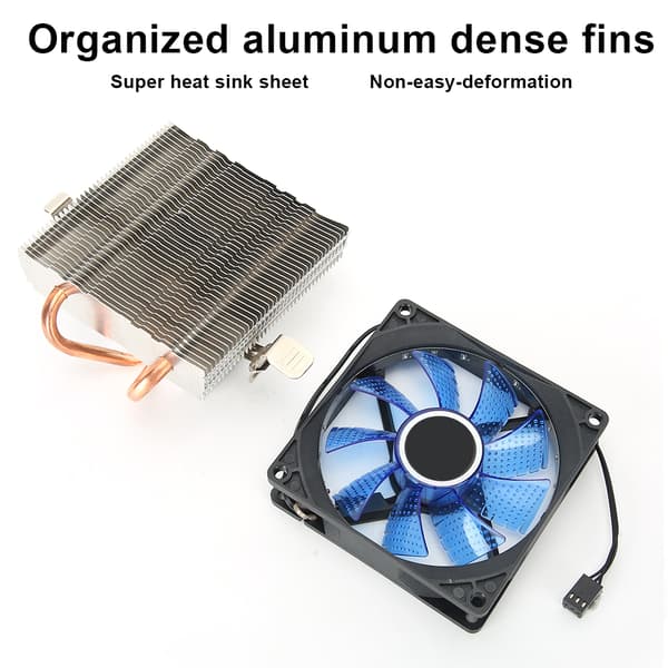 3-pin CPU-køler med blåt lys, 2 messingrør til AMD 775 1155 1366 PC-tilbehør