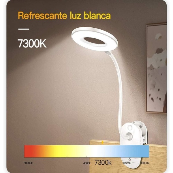 Clip-on-lampa, batteridriven läslampa, Clip-on-lampa för säng Clip-on-batterilampa med 3 ljusstyrkor, USB laddningsbar, läslampa