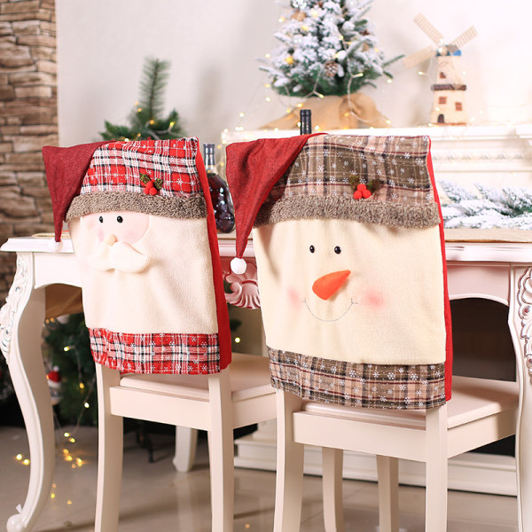 Ryggtrekk til julestol, søt tegneserie julenisse og snømann, julefest kjøkken middagsbord dekor-sett med 2