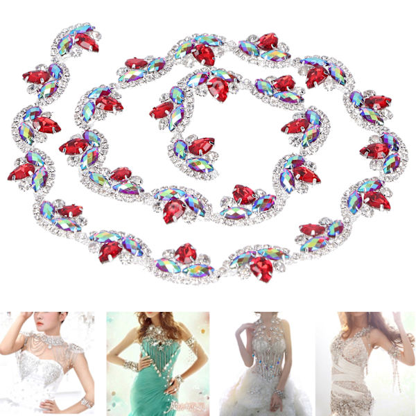 Rhinestonekedja Färgad Blomma‑Form DIY Sömnad Hantverk för Kläder Skor Väska Dekoration Röd+Silver Bas