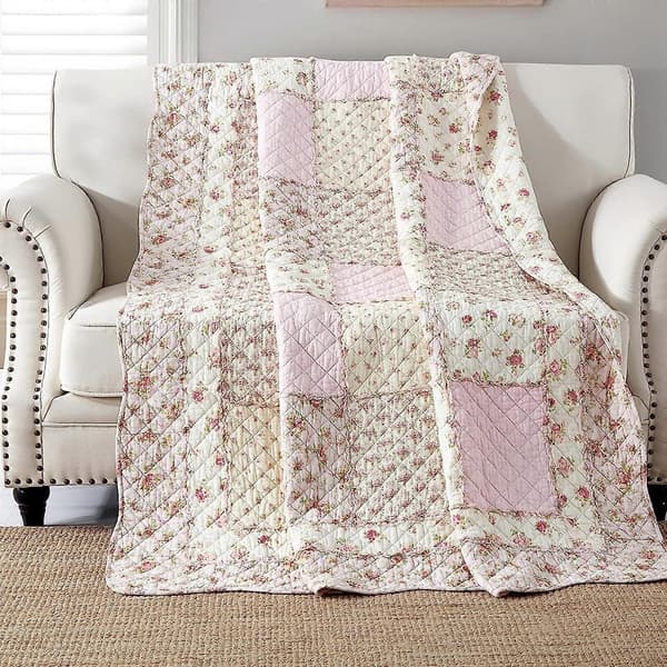 【bt02】Single Bed Patchwork Quilt, Cotton Patchwork Blanket, Pink for Girls, Quilted Sofa Throw, Bedspread, 150 x 200 cm with Floral Pattern