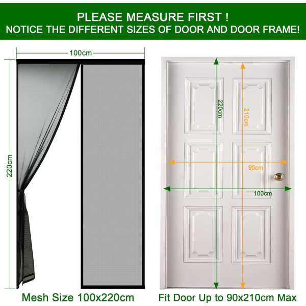 Musta hyttysverkkoovi 100x220 cm Erittäin tiheä mesh , perho- ja hyönteiskarkoverho teipillä, magneettitikkuja, automaattinen sulkeutuminen