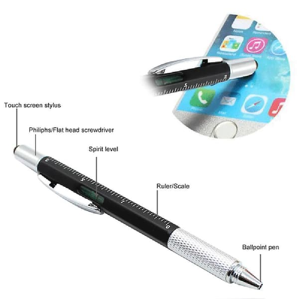 6 i 1 Multifunktionel Stylus Pen med Sort/Blå Refill Værktøj Tech Kuglepen med Klips Glat Silver Black Refill