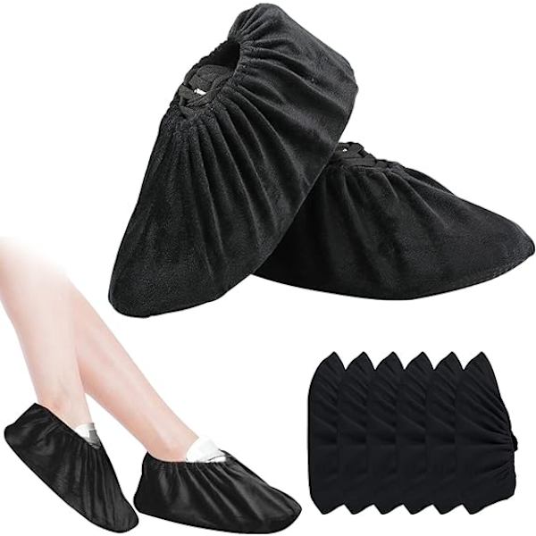 6 Pairs(Black) Washable Overshoes Reusable Anti-Slip Shoe Cover Non-Slip Overshoe with Flannel Slipper for Household Carpet Floor Protector