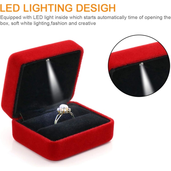 (Punainen) samettisormuslaatikko LED-valorengaslaatikolla häihin, ehdotukseen, kihlaukseen