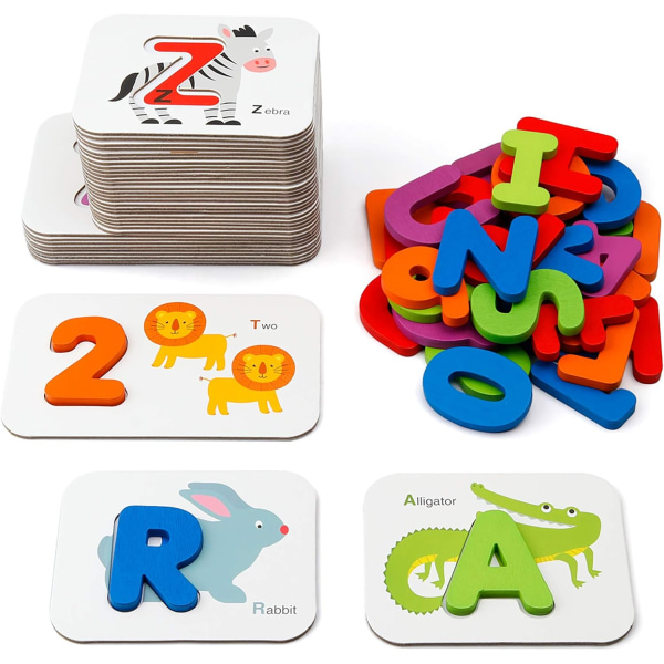 Alfanumerisk matchende kortspil - ABC-bogstav og numbe i træ