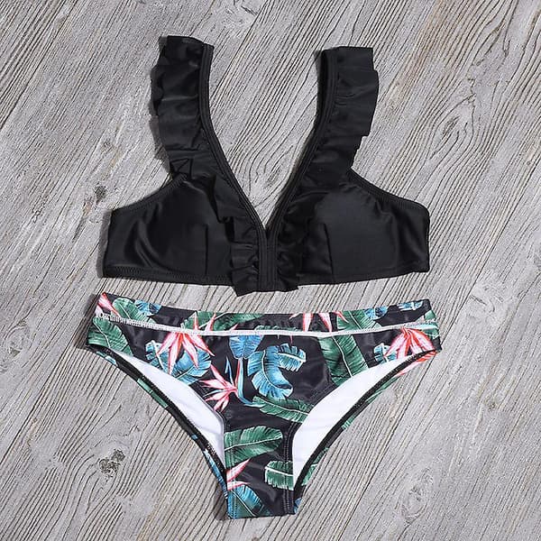 Kvindebikini-dragt med print og flæser i polyester til sommerstrand Orange M