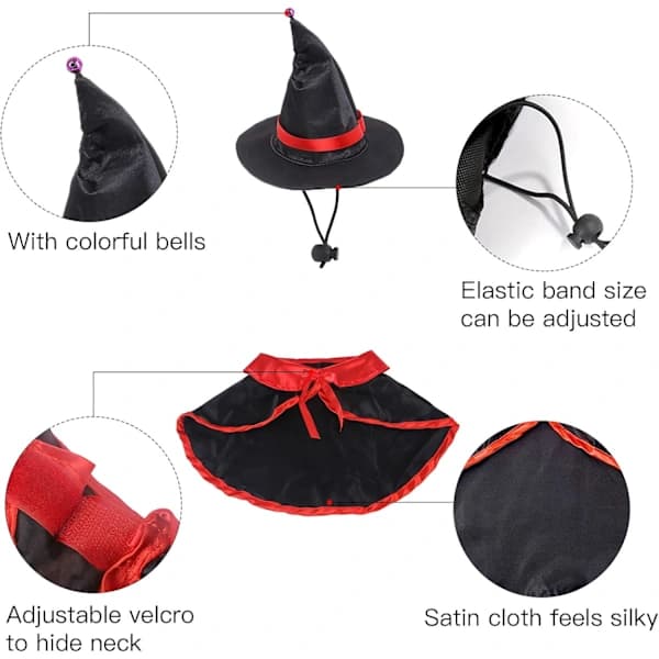 Halloween-kappe-kostume til kæledyr, til små hunde og katte, heksekappe med bindebånd