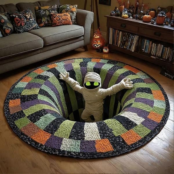 3D Halloween-tæppe - Optisk illusionstæppe med skelet- og græskardesign, blødt og vaskbart, perfekt til stue, badeværelse 1 60X60