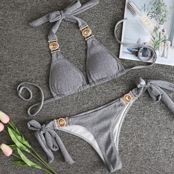 2-delt glitterbadedragt til kvinder, sexet bindebikini, slank badedragt til sommer M Silver