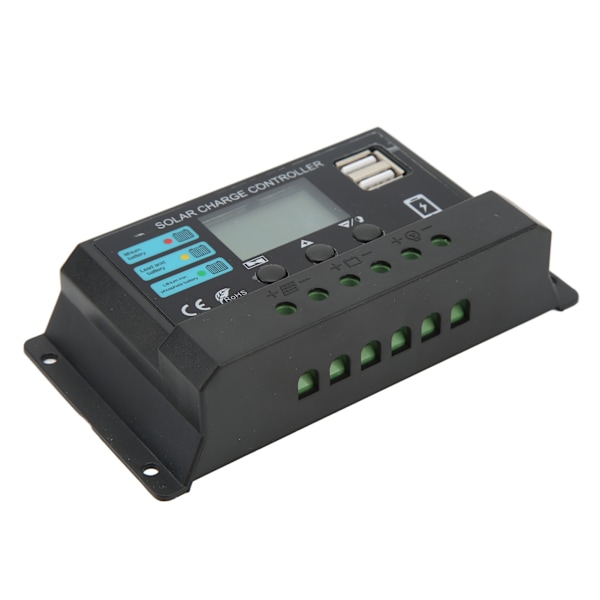 LCD Solpanel Opladningsregulator, 10A Fotovoltaisk Regulator til 12V/24V Systemer, Automatisk Justering, Sort Design