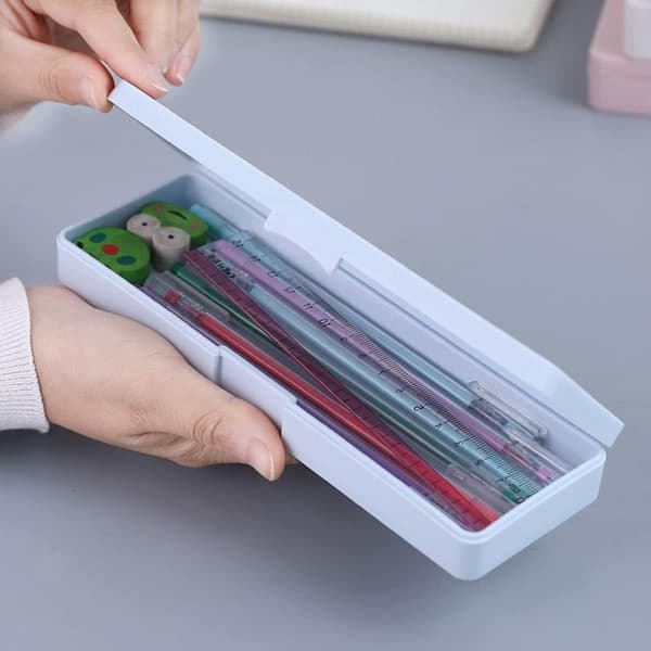 [02]Pencil Case Plastic Pencil Box - 4 Pack Hard Pencil Case Crayon Box with Snap Lid Plastic Pencil Box Stackable Desi