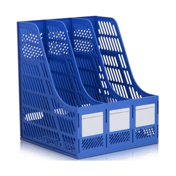 Desk Organizer File Holder Bookend with 3 Compartments in Blue Plastic for Tabletop Storage