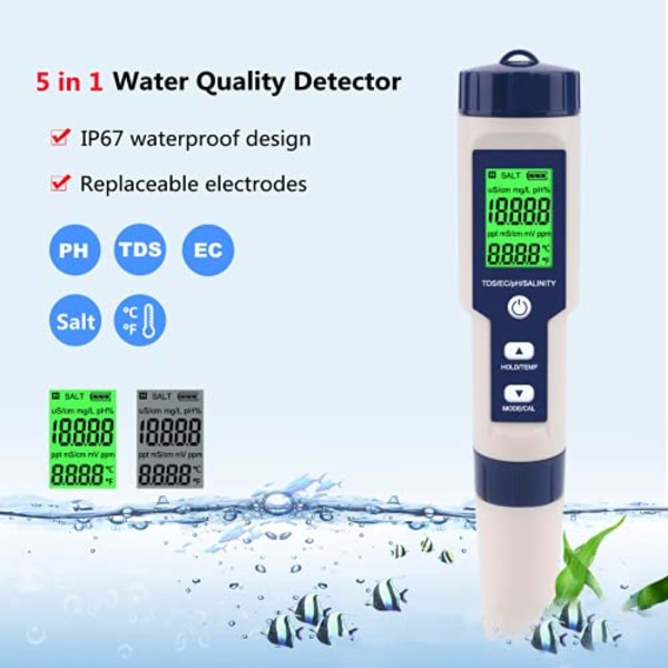 Vandkvalitetstester, bærbar 5 i 1 funktion digital vandkvalitetstest PH/Saltholdighed/Temp/TDS/EC-måler til Garden Home Lab