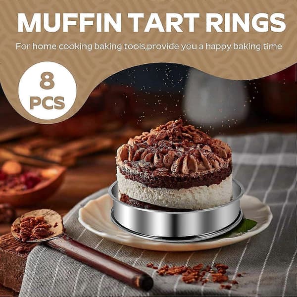 8 stk. 4,1 tommer muffinstærteringe Dobbelt tærtering Rund ringform i rustfrit stål til hjemmebag B