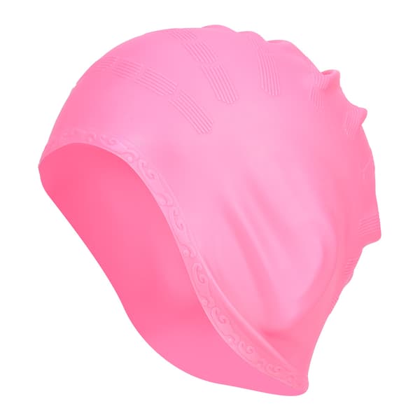 Badehette for langt hår, ørebeskyttelse, elastisk silikon, rosa