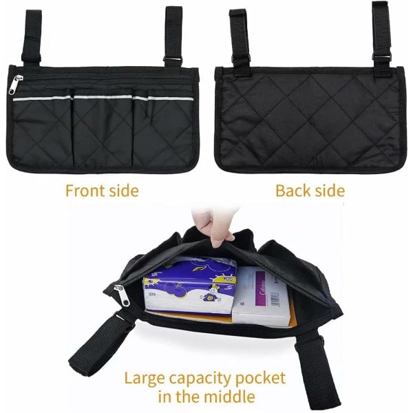 Taske til (sort, 32,5 x 18 cm) kørestol med lommer, sidearmlænstaske til kørestol, opbevaringstaske til kørestolstilbehør og scooter