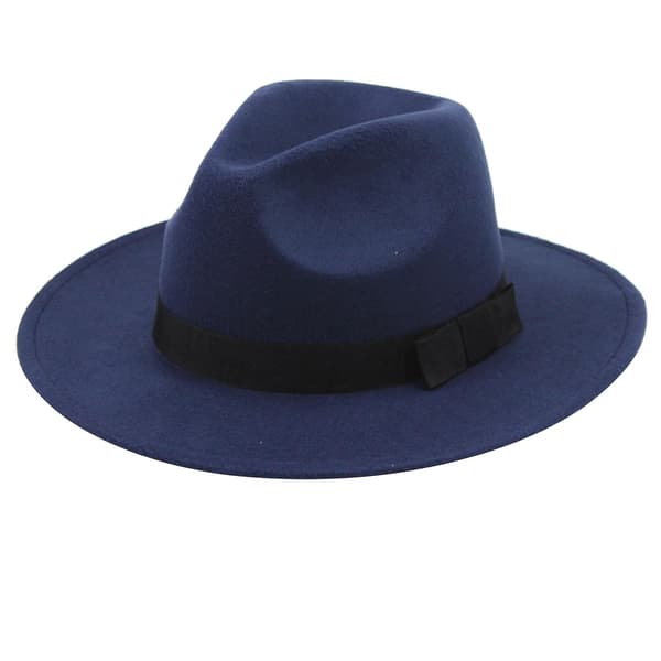 Dame Stilig Topphatt Knusbar Ullfilt Outback Hatt Britisk Stil Hodeplagg Bred Brem Beltehatt Navy Blue