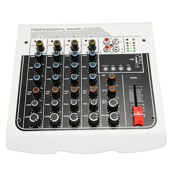 4-kanals Bluetooth USB Mini Lydmixer med DPS-processor Digitalt display RCA EU-stik 100-240V