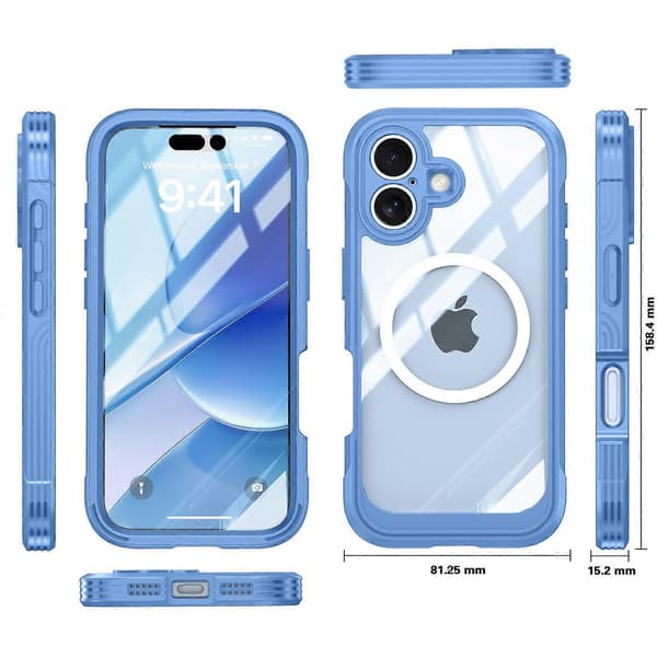 【bt02】For iPhone 17 Magnetic Case PC + TPU Phone Case with Tempered Glass Screen Protector Sky Blue