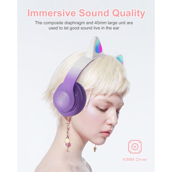 Lila-Kids-hörlurar, Bluetooth trådlösa hörlurar för barn Tonåringar Vuxna, Over-Ear Bluetooth -hörlurar med mikrofon, Cat Ear-hörlurar för tjejer