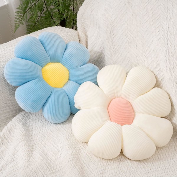 2 stk blomsterpude (15,35 tommer, hvid+blå) - blå & hvid Daisy blomsterformede pudepuder, sød blomsterplys gulvpudepude til soveværelsessofa