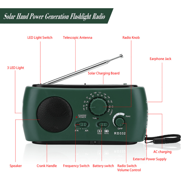 Solar håndsveiv AM/FM-radio med LED-lommelykt nødtelefonlader- W