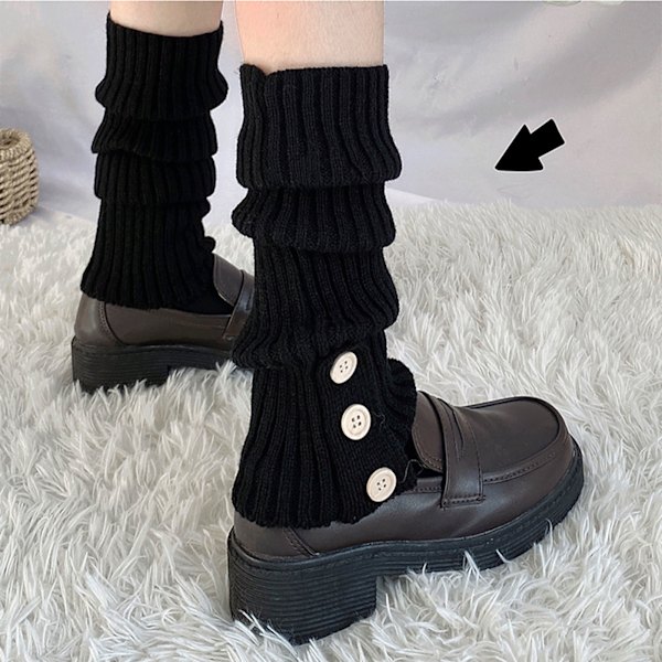 Dame Strikkede Strømper Retro Elegant Bløde Varme Løse Slouch Strømper med Knap til Dating Fest Sort