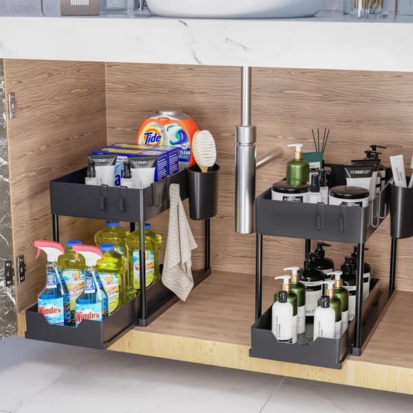 [02]2-lags hylde til vaskeskab, multifunktionel hylde, krydderihylde, hylde til underskab, sort