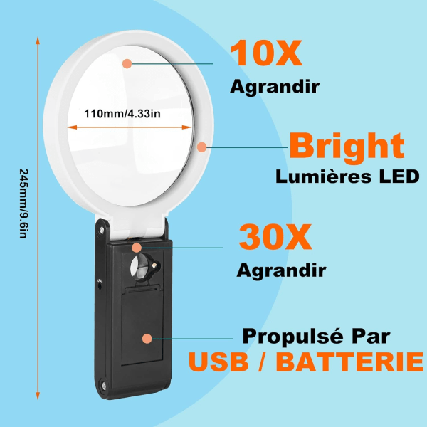 Stort 4,35 tommer 10X 30X forstørrelsesglas med lys og stativ, bærbart stående LED-forstørrelsesglas, sammenfoldelig læselup med til seniorer