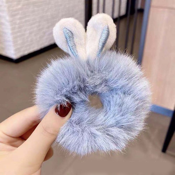 Söta blå kaninöron Fuzzy Hair Rings - Elastiska hästsvanshållare & Hårtillbehör för kvinnor och flickor