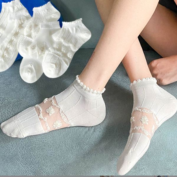 5 Par Damstrumpor Kort Toppkant Spets Sömnad Elastisk Nylon Bekväma Andningsbara Ankelstrumpor Vit 0124 Fri Storlek