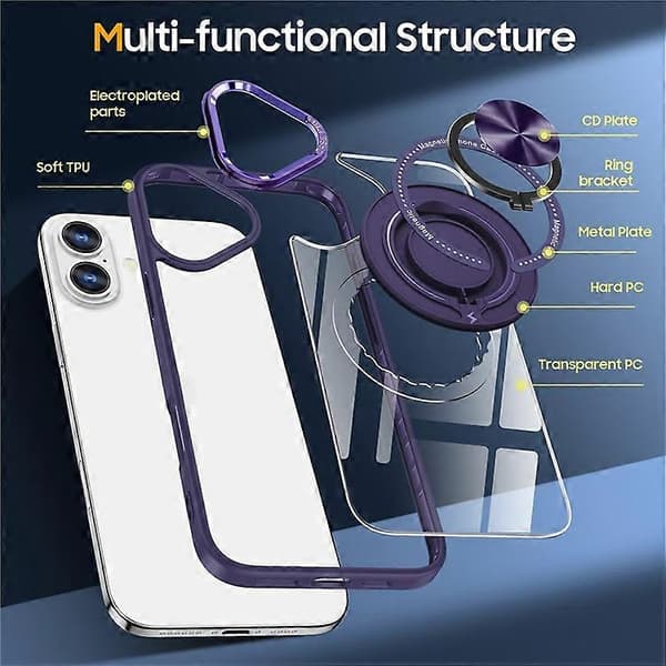 Compatible with iPhone 16 Case Magnetic Ring Holder Support PC+TPU Phone Cover DarkPurple