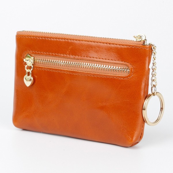 (Brun) Minimyntväska för damer i äkta läder med dragkedja, nyckelhållare och korthållare för plånbok