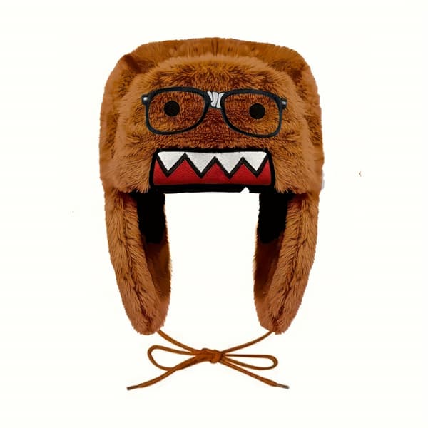 【bt02】Embroidered & Printed Domo-Kun Anime with Glasses - Cute Drawstring Pilot Hat for Theme Parties Brown