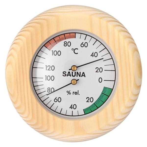 Sauna Klimamesser - Sauna Hygrometer - Sauna Termometer - Manuelt justerbar - 2i1 Sauna temperatur og fugtighedsmåler - Ædeltræ - Diameter 13.