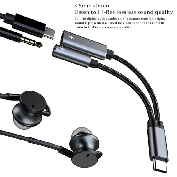 USB C til 3,5 mm hodetelefon- og laderadapter 2 i 1 lyd-dongle
