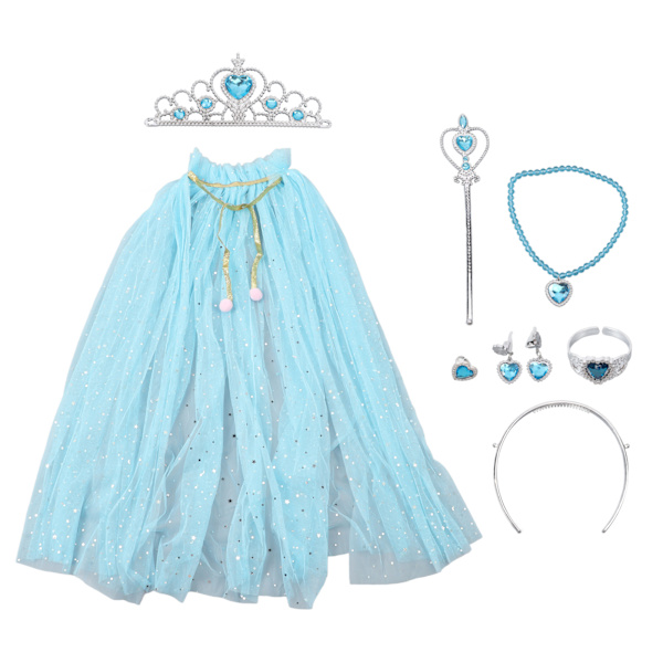 Prinsesse Tulle Kappe med Krone Halskæde Armbånd Tryllestav Prinsesse Klæd-ud Tøj til Lille Pige Småbørn Blå