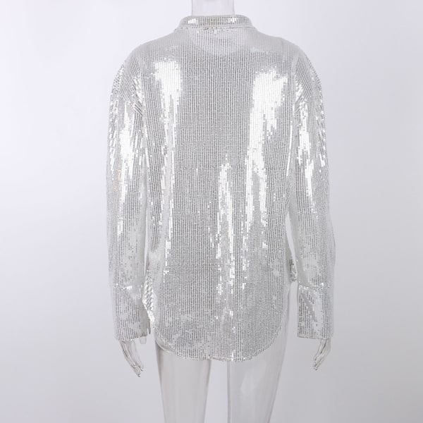 Kvinde Sequin Bluse Sølv Sequin Toppe Stilfuld Glitrende Langærmet Skjorte til Date Party Rejse